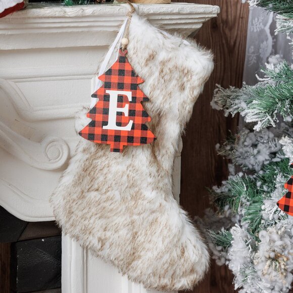 Other - Long Faux Fur Christmas Stocking Woft - Personalized with Cutout Wood Name Tag